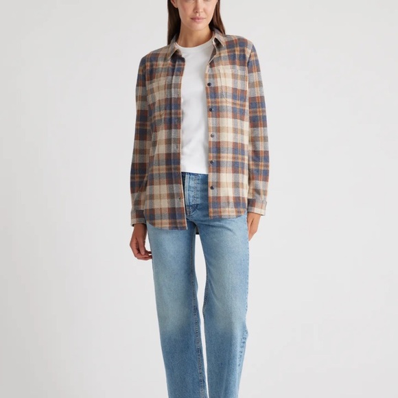 🤎 Quince Stretch Sweater Fleece Shirt | Mocha Check | Like New - Picture 3 of 11